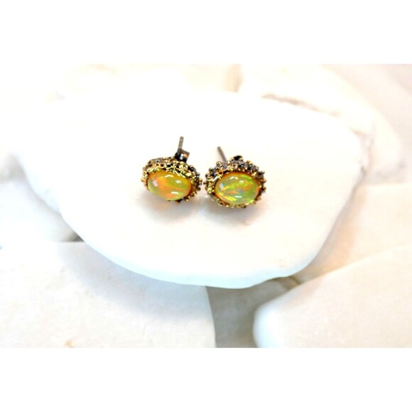 Natural Ethiopian Opal Sterling Silver-Gold Stud Earrings Yellows-Gold - Picture 3 of 4